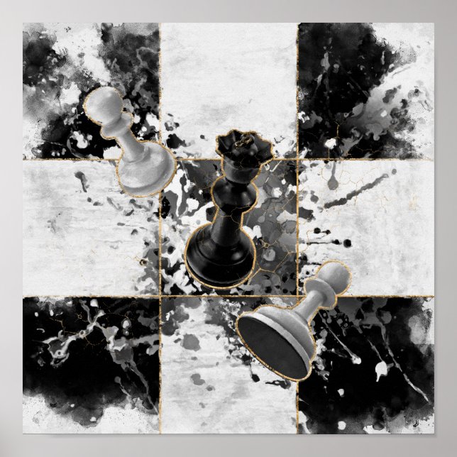 Affiche Échecs art abstrait Aquarelle et or (Devant)