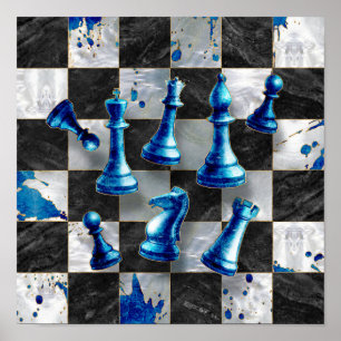 Affiche Échecs Art Abstrait - Marbre Bleu