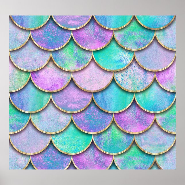 Affiche Échelles de sirène : motif d'onde aquarelle. (Devant)