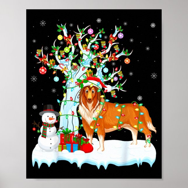 Affiche Éclairage de l'arbre de Noël Rough Collie Chien Xm (Devant)