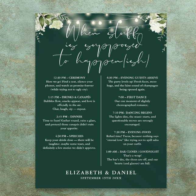 Affiche Éclairages de ficelle d'émeraude Itinéraire de mar (Emerald String Lights Floral Wedding Itinerary Poster)