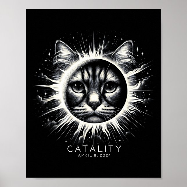 Affiche Éclipse solaire totale 2024 Drôle Catality Chat Av (Devant)