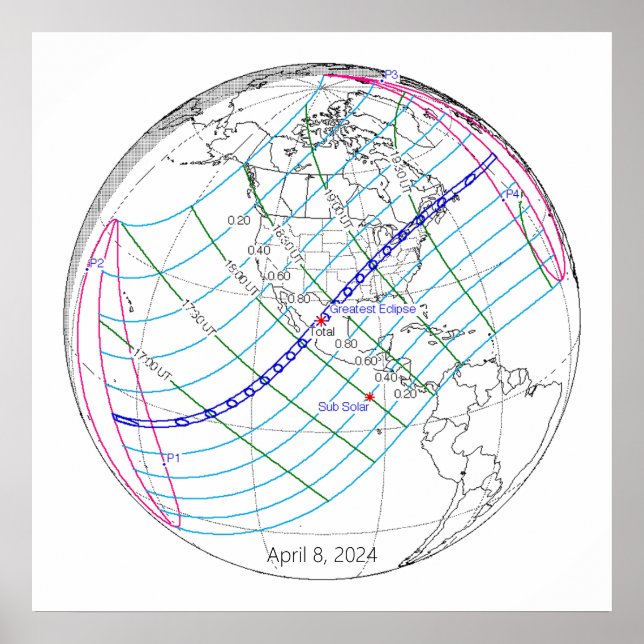 Affiche Éclipse solaire totale 2024 Trajectoire globale (Devant)