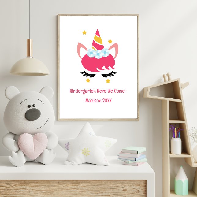 Affiche École maternelle Licorne Rose Année au choix (Pink Unicorn Kindergarten 1st Grade Grade School Personalized Poster for Girls)