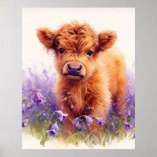 Affiche Écossais Highland Vache Calf Violet Fleurs sauvage