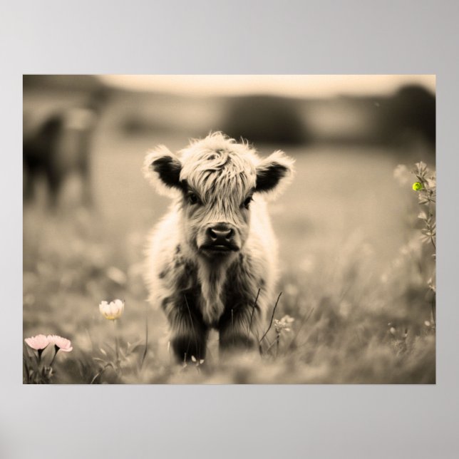 Affiche Écossaise Highland Calf Baby Cow Miniature Sepia (Devant)