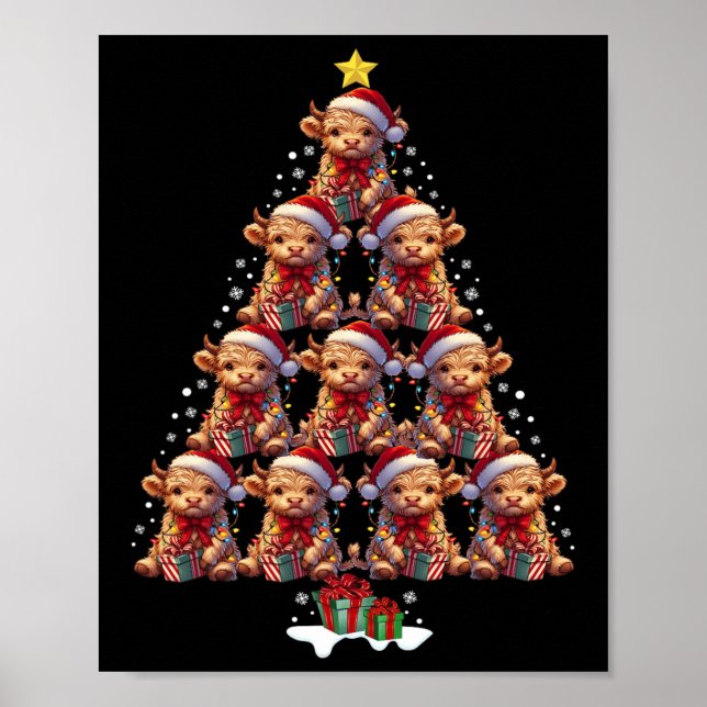 Affiche Écosse Highland Cow Christmas Tree Lights Noël C (Devant)