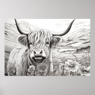 Affiche Écosse Highland Cow Nature paisible Prairie Art