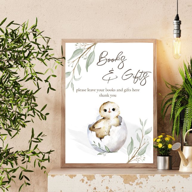Affiche Écouter bientôt oiseau baby showers livres cadeaux (Hatching soon bird baby shower books and gifts table sign sweet little bird spring baby shower)