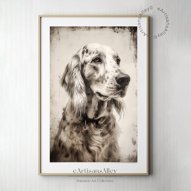 Affiche Écran de portrait d'un Setter anglais (Etching print portrait of an English Setter | Digital print Wall Decor | Digital Download )