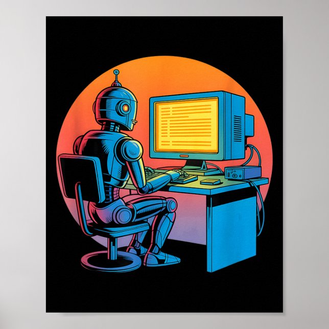 Affiche Écran d'ordinateur de codage de robot rétro drôle  (Devant)