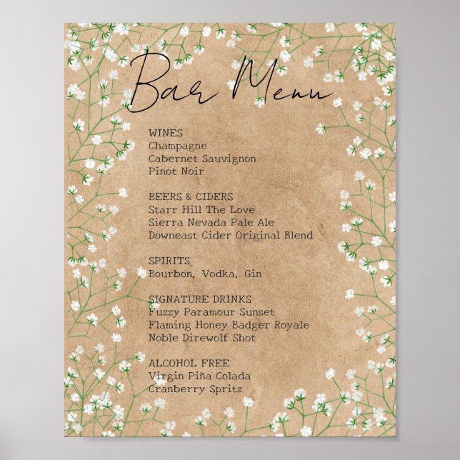 Affiche Écriteau de menu de bar de mariage floral rustique (Devant)