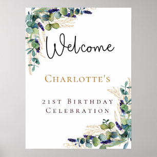 Affiche Écriture d'accueil d'eucalyptus d'anniversaire
