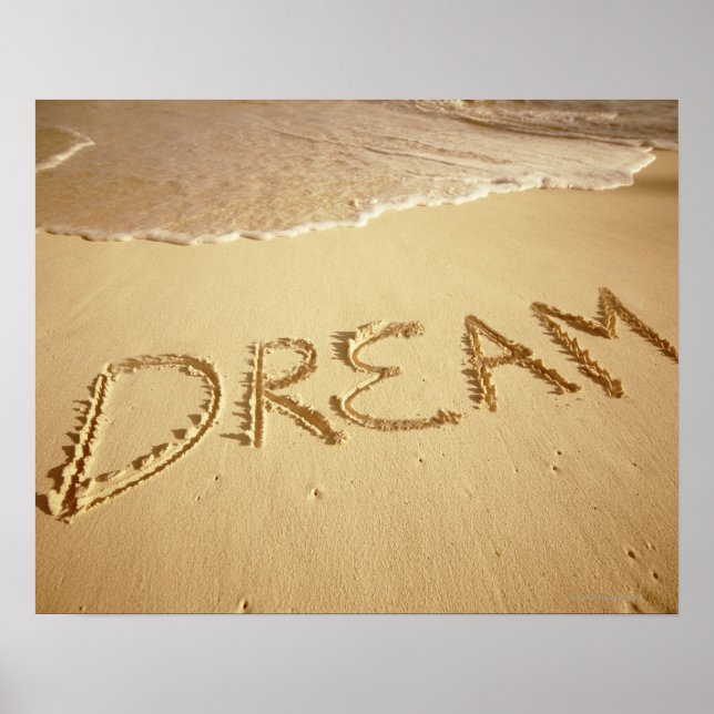 Affiche Ecriture de sable 'Dream' avec surf entrant en hau (Devant)