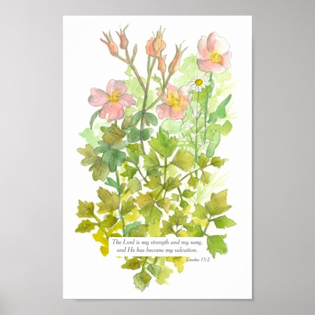 Affiche Écriture Exode 15:2 Bible Verse Primrose Fleurs (Devant)