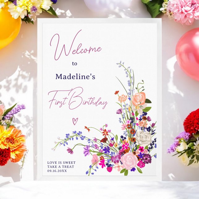 Affiche Écriture fleur sauvage moderne accueil 1er anniver (Modern wildflowers script 1st birthday welcome poster)