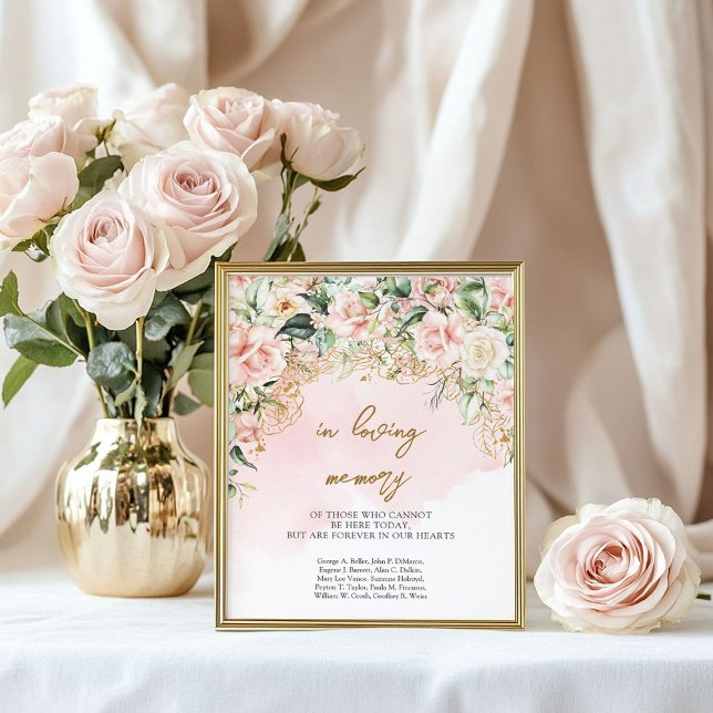 Affiche Écriture moderne rose et or En mémoire d'amour (Modern script pink and gold In loving memory Poster)