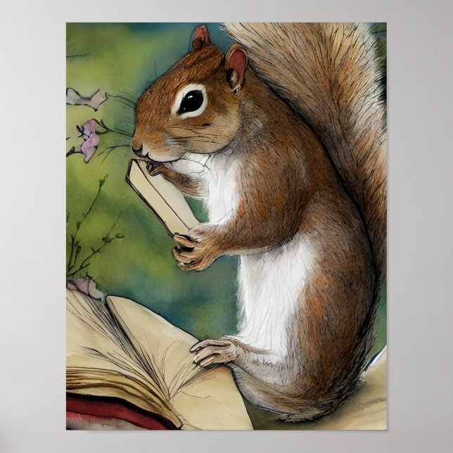 Affiche Écureuil à l'aquarelle lisant un livre (Devant)