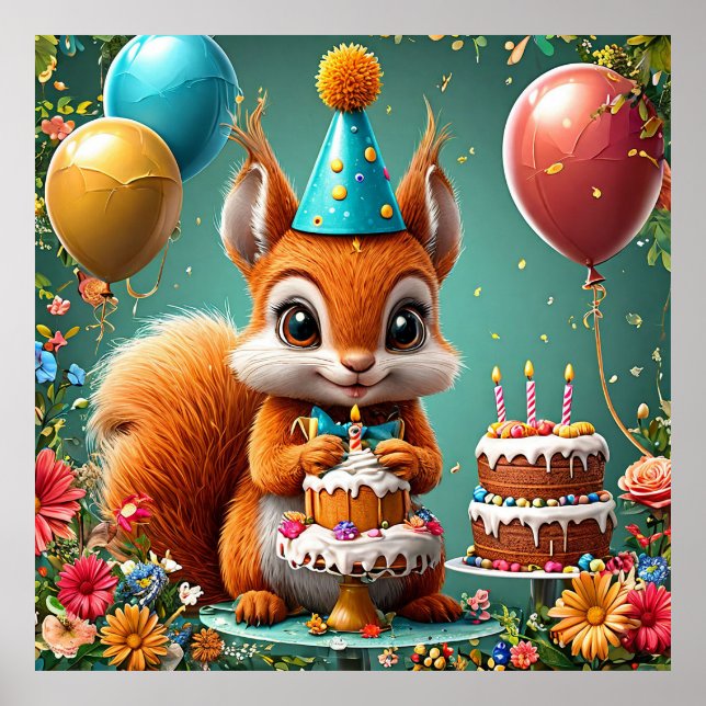 Affiche Écureuil adorable célébrant son anniversaire (Devant)