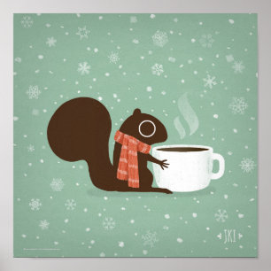 Affiche Écureuil amateur de café forêt hivernale vacances