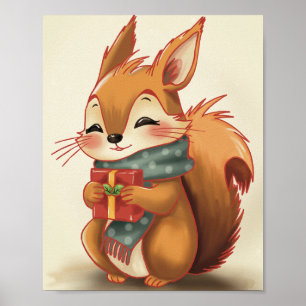 Affiche Écureuil Cozy avec un Cadeau – Bois Fantaisiste d'