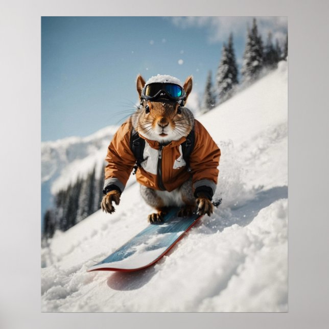Affiche Écureuil de snowboard Heure d'hiver Animaux Whimsi (Devant)