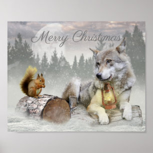 Affiche Écureuil du loup mignon hiver Forêt de neige Noël