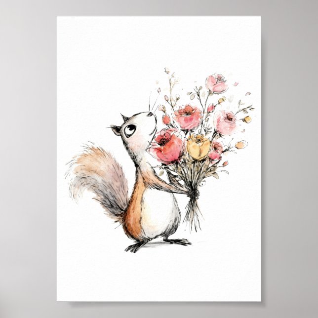 Affiche Écureuil mignon avec bouquet de fleurs (Devant)