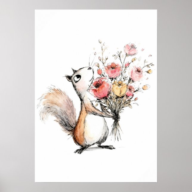 Affiche Écureuil mignon avec bouquet de fleurs (Devant)