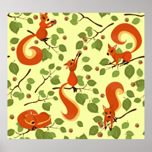 Affiche Écureuil rouge dans des branches noisettes.