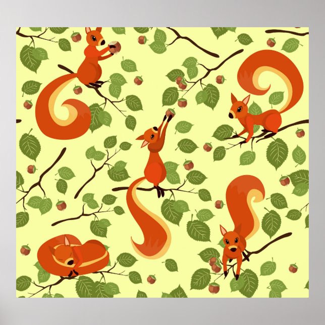 Affiche Écureuil rouge dans des branches noisettes. (Devant)