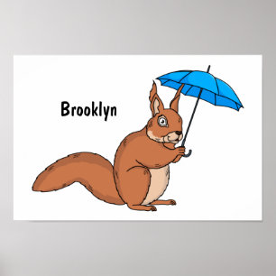 Affiche Écureuil rouge mignon avec dessin animé parapluie