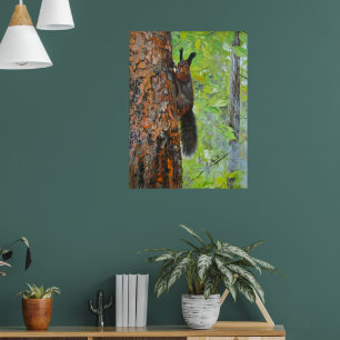 Affiche Écureuil sur pin – Peinture à l'huile réaliste