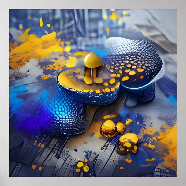 Affiche Edgy Moderne Bleu Jaune Métallurgique Champignons  (Devant)