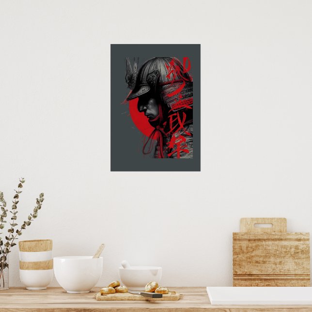 Affiche Edgy Samurai Warrior Japanese Ink Red Sun (Cuisine)