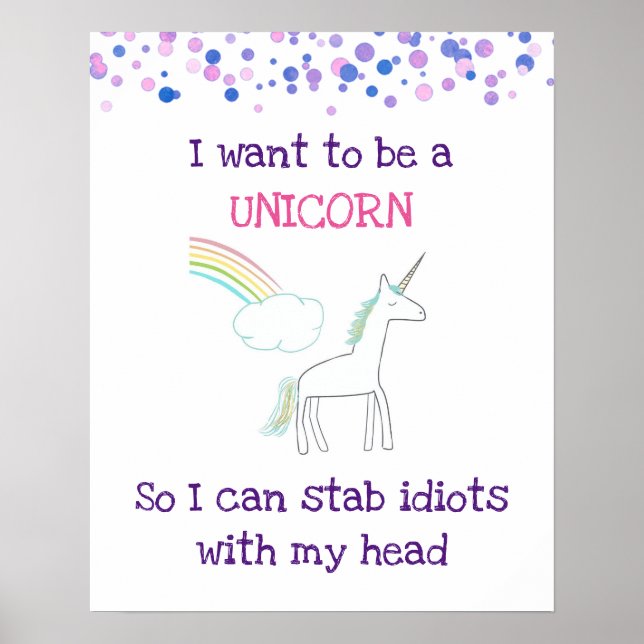 Affiche Edgy Unicorn avec arc en ciel et Confetti Funny (Devant)