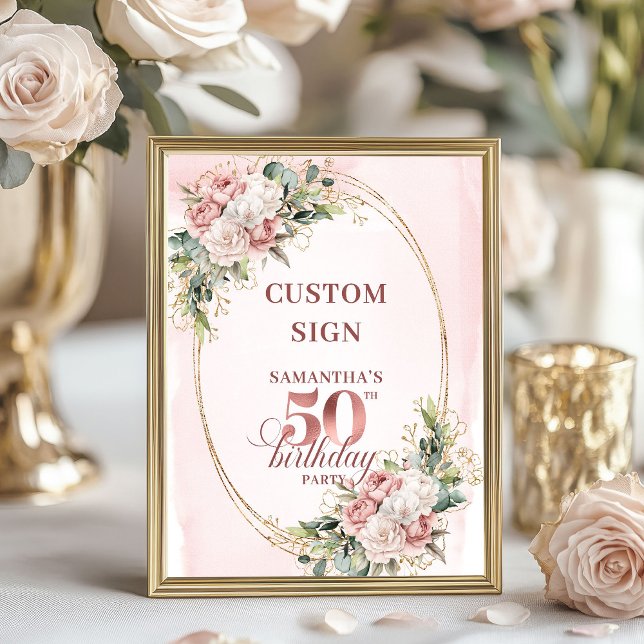 Affiche Editable Blush Pink Greenery 50 Birthday Tabletop (Editable Blush Pink Greenery 50th Birthday Tabletop Sign)