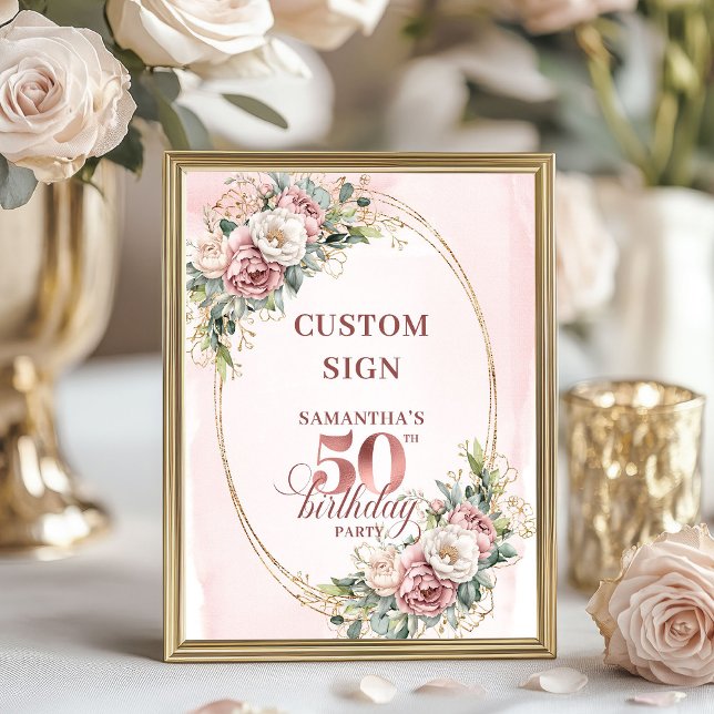 Affiche Editable Elegant Greenery 50 Birthday Custom Sign (Editable Elegant Greenery 50th Birthday Custom Sign)