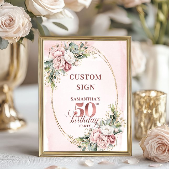 Affiche Éditable Soft Blush Botanique 50e Anniversaire 8x1 (Editable Soft Blush Botanical 50th Birthday 8x10 Sign)