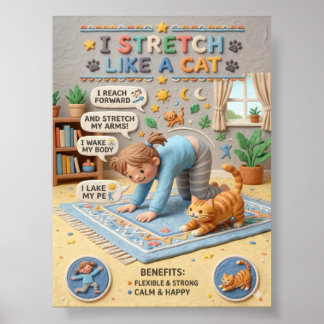 Affiche Éducation en argile 3D Enfant et chat s'étirent