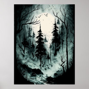 Affiche Eerie Forêt d'encre noire et blanche dans le broui
