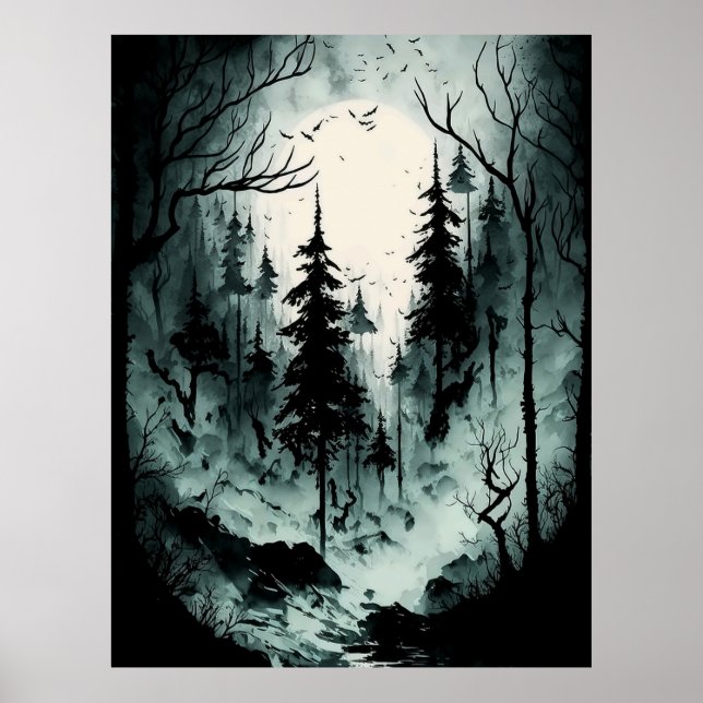 Affiche Eerie Forêt d'encre noire et blanche dans le broui (Devant)