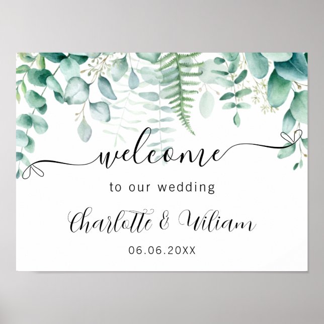 Affiche Eeucalyptus mariage script vert bienvenue (Devant)