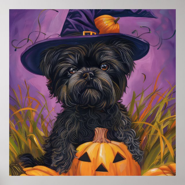 Affiche Éffrayant Affenpinscher Halloween sorcière et Citr