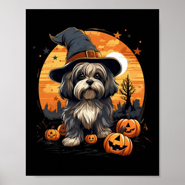 Affiche Éffrayant Lhasa Apso Chien sorcière Halloween (Devant)