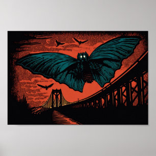 Affiche Éffrayant Mothman and Bridge Woodcut Art Imprimer