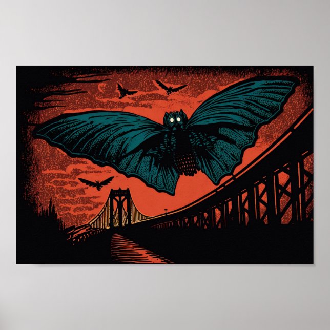 Affiche Éffrayant Mothman and Bridge Woodcut Art Imprimer (Devant)