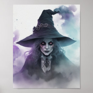 Affiche Effrayant Réaliste Sorcière aquarelle Fog Hallowee