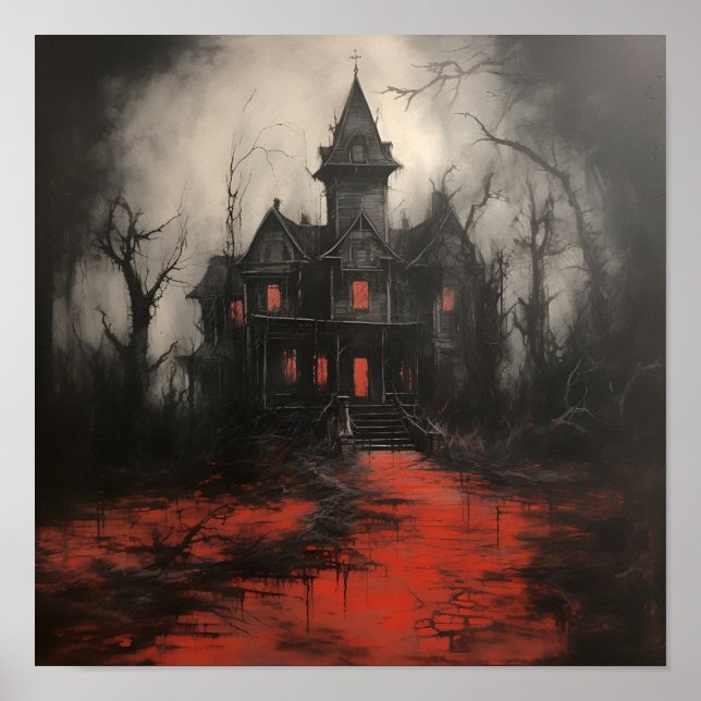 Affiche effrayant rouge acrylique maison hantée Halloween  (Devant)