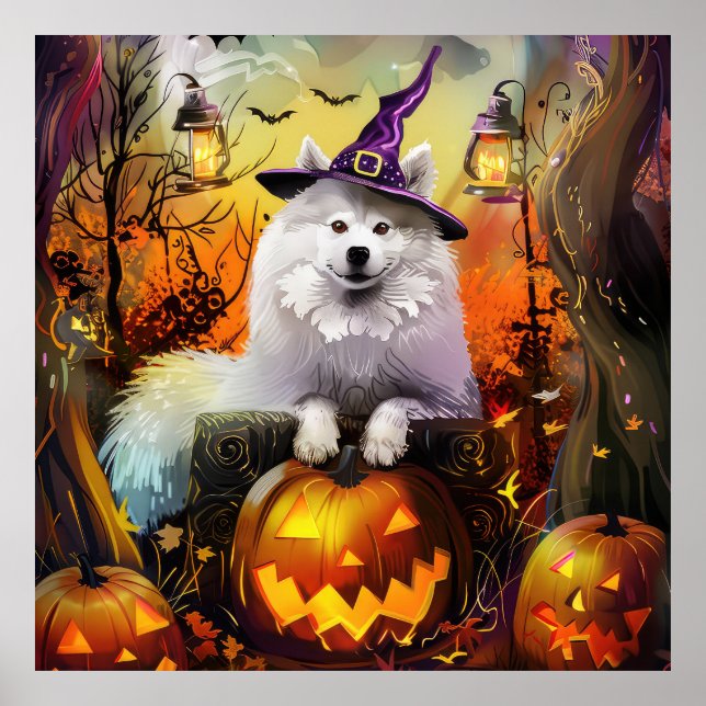 Affiche Éffrayant Samoyed Chien Halloween sorcière et Citr (Devant)